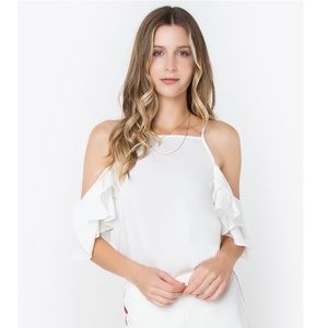 Sugarlips Tops - White Ruffled Cold Shoulder Top Sugarlips Tops - White Ruffled Cold Shoulder Top